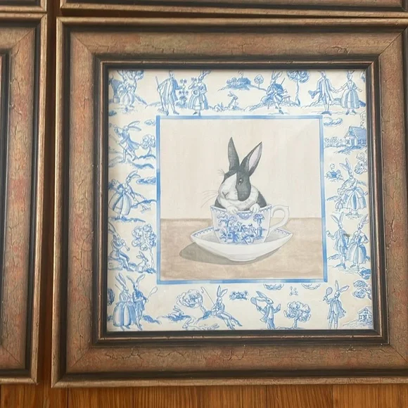 Set of Four Rabbit Teacup Prints in Wooden Frames - Picture 5 of 12